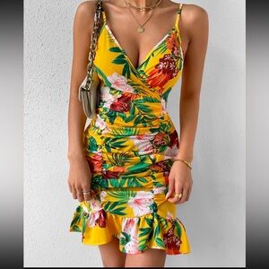 Shein yellow tropical floral print dress size medium vacation dress